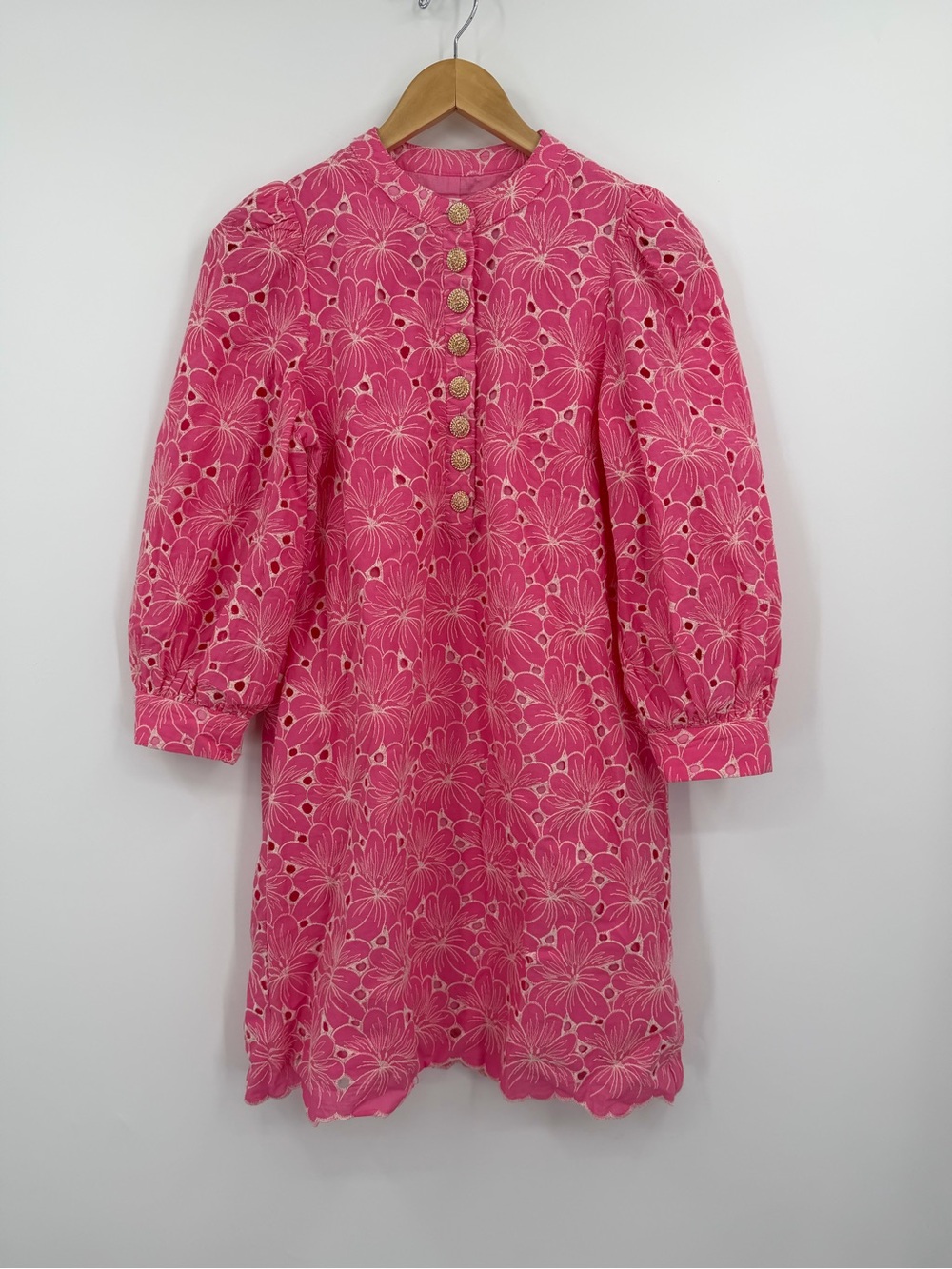 Pomander Place Pink Eyelet Mini Dress | Gold Buttons | Size S